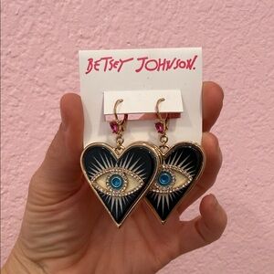 Betsey Johnson Black Heart Evil Eye Drop Earrings with Blue Center